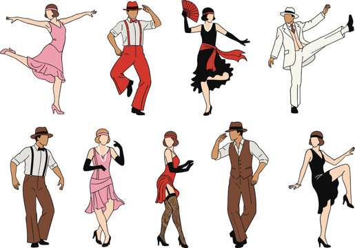 Vintage jazz age dancers collection performing Charleston and swing dance moves, retro 1920s fashion characters dancing in energetic party poses illustration