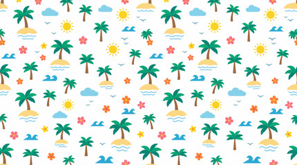 Seamless colorful summer beach pattern with palm trees sails and sun icons. © pixel*