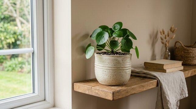 A healthy Pilea plant in a textured pot sits on a rustic wooden shelf by a window with books and a basket in the background