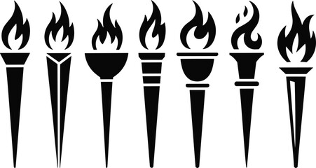 Torch icons set, flame silhouettes, fire symbol, heat energy, decorative illustration design