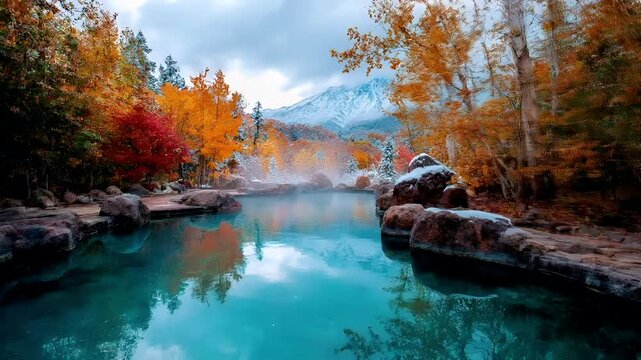 Geothermal hot springs resort, spa, bath pool, winter relaxation vacation theme. A tranquil scene of a turquoise pool surrounded by trees with vibrant fall colors.