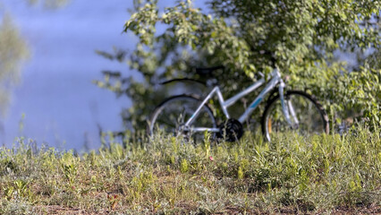 Naklejka premium Commuter Bicycle Paused Beside Lake, Bike Leaning On Grassy Bank With Soft Bokeh Water And Reed Background, Sunlit Handlebar And Tire