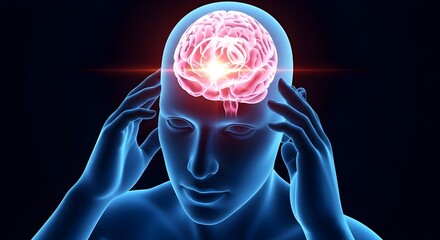 A compelling 3D rendered illustration depicts a luminous blue human head, showcasing a prominently glowing pink brain with a bright, intense light burst at its core, powerfully representing profound t