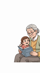 Child reading book with elderly woman, sharing quiet moment, learning. Grandmother with glasses holds happy child reading book, enjoying story time together.