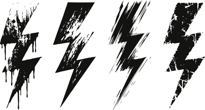 Set of four black grunge lightning bolt icons with distressed and rough textures