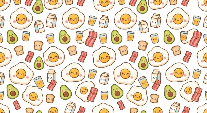 Kawaii breakfast seamless pattern with cute egg bacon avocado toast and milk carton cartoon characters on white background vector illustration