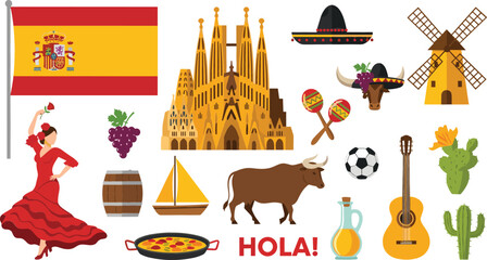 Spain cultural symbols and landmarks collection with Spanish flag, flamenco dancer, bull, guitar, paella, Sagrada Familia and traditional objects illustration © EdGe Creative