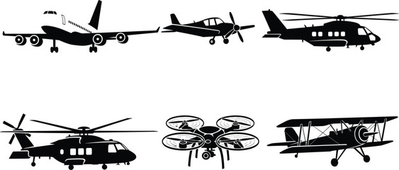 Aircraft silhouettes illustration set, aviation design artwork, commercial jet helicopter drone biplane vector drawing, transportation concept © Dilip