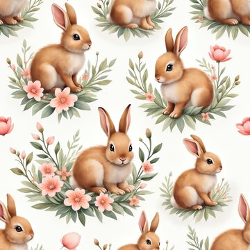 Cute watercolor bunnies surrounded by delicate pink flowers, green leaves create charming seamless pattern. Ideal for Easter, spring themed designs, playful illustration evokes sense of joy, nature