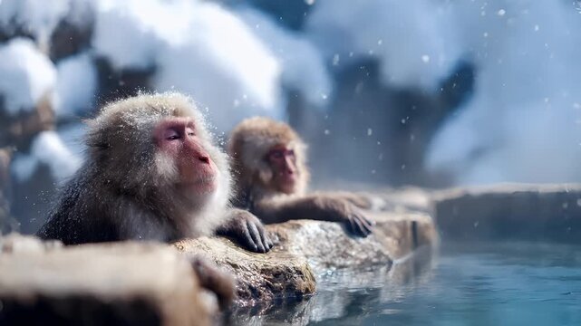 Geothermal hot springs resort, spa, bath pool, winter relaxation vacation theme. Two Japanese macaques in a hot spring, their fur a mix of brown, white and gray.
