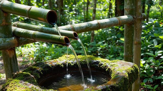 Bamboo water spouts in mossy stone basin