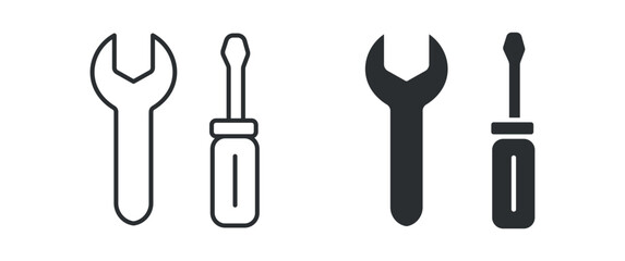 Wrench and screwdriver icon set, repair maintenance tools symbol, outline and solid silhouette style. Vector illustration.