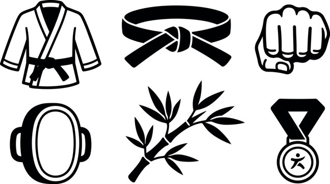 Black and white vector icons of martial arts gi black belt fist head guard bamboo branch and sports medal design