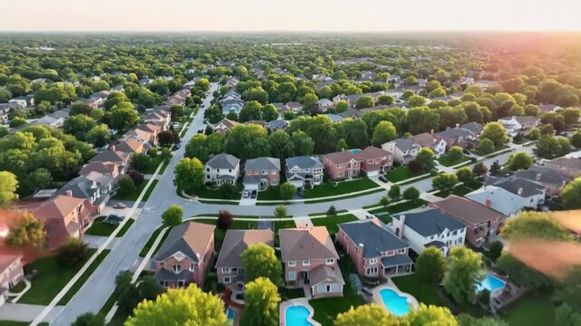 Aerial view of suburban homes with pools and lush green trees