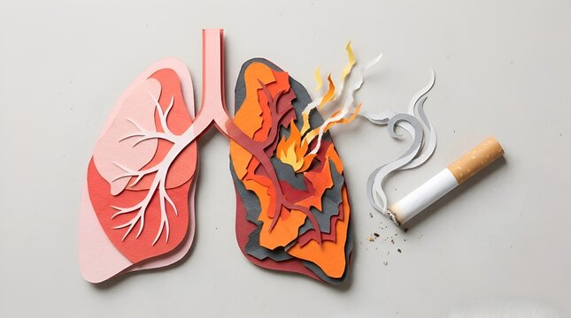 Paper Cutout of Healthy and Damaged Lungs with Cigarette Smoke and Flames Representing Smoking Effects