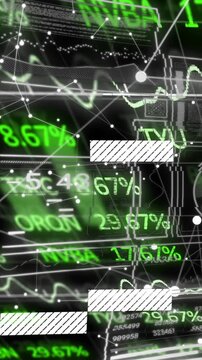 Vertical video: Finance overlay animating, floating green % causing node sparks and showing trends