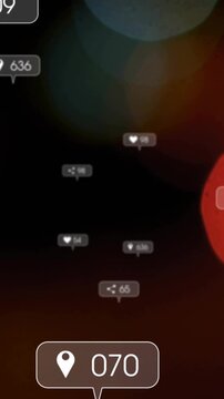 Vertical video: Heart bubble popping pin badge cycling counts and fading showing stats over bokeh