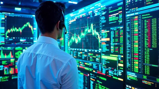 Man monitoring financial data on screens