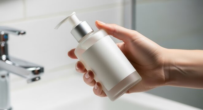 Hand Holding a Modern Pump Bottle of Lotion with a Minimalist Design Near a Stylish Bathroom Sink, Emphasizing Hygiene and Skincare Routine