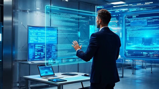 Man interacting with holographic interface