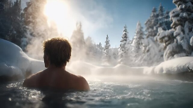 Geothermal hot springs resort, spa, bath pool, winter relaxation vacation theme. A man in a hot tub, surrounded by a wintery landscape of snowcovered trees and a clear sky illuminated by the sun.