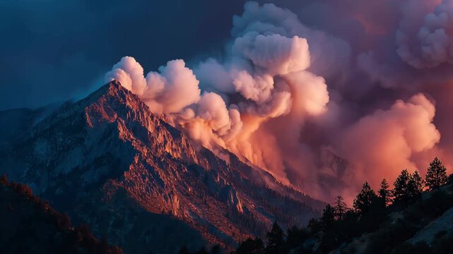 Mountain eruption shows ash clouds rising in 4k quality during sunset