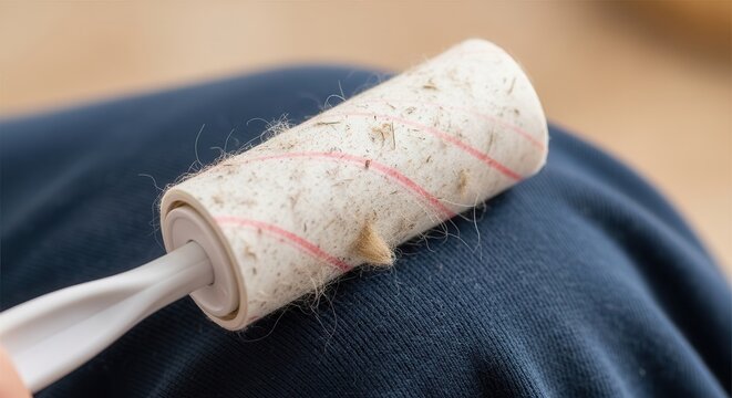 A Close-Up View of a Lint Roller Removing Dust, Pet Hair, and Debris from Clothing, Showcasing Its Effectiveness and Convenience in Maintained Apparel Appearance
