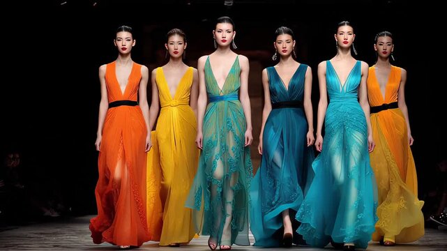 Fashion event shows models wearing bright dresses on the runway at night
