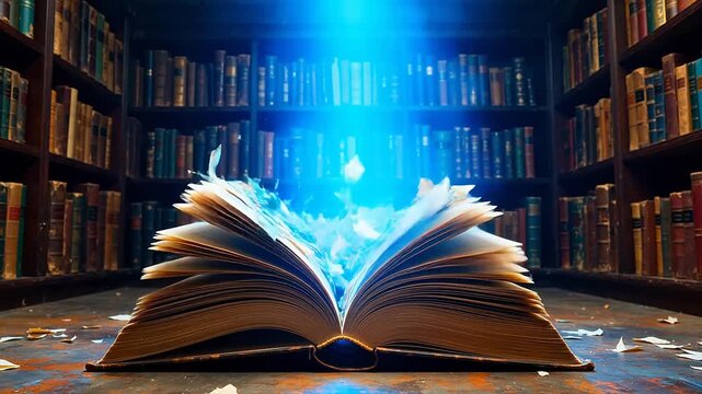 open book with blue smoke in library