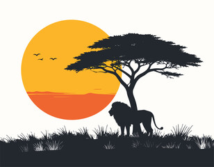 A minimalist vector illustration features the black silhouette of a wild lion resting on a tree branch against a vibrant sunset sky in a safari landscape