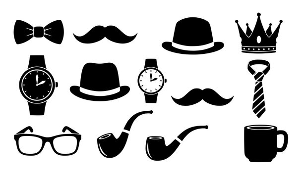 Fathers Day silhouette icon set with mustache bow tie hat crown watch and glasses vector clipart isolated on white background