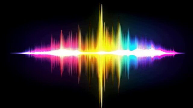 Animated neon music sound wave equalizer with glowing gradient lines and dots, circular audio spectrum visualizer symbol, abstract radial beat waveform