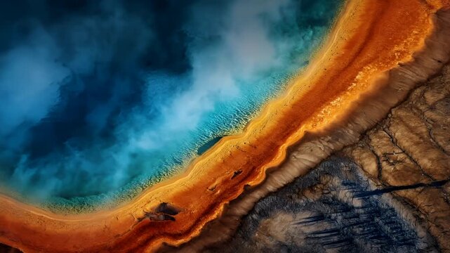 Geothermal hot springs resort, spa, bath pool, winter relaxation vacation theme. An aerial view of a grand prismatic spring in Yellowstone National Park, Wyoming.