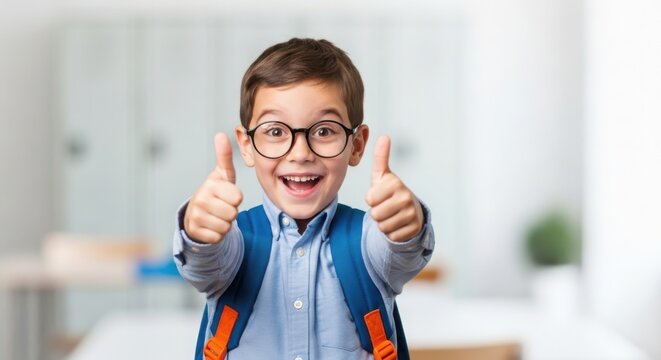 A young boy with glasses and a backpack gives two thumbs up illustration