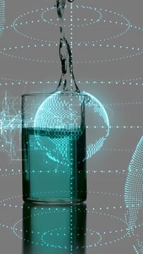 Vertical video: Spout entering top, glass rotating and filling, dotted globe shifting for tech demo