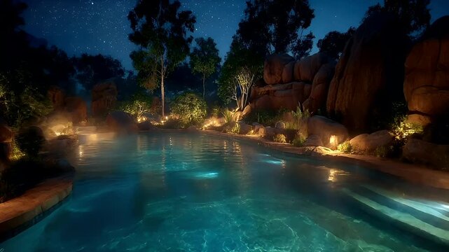 Geothermal hot springs resort, spa, bath pool, winter relaxation vacation theme. A tranquil night scene with a swimming pool illuminated by lights, surrounded by lush plants and trees.
