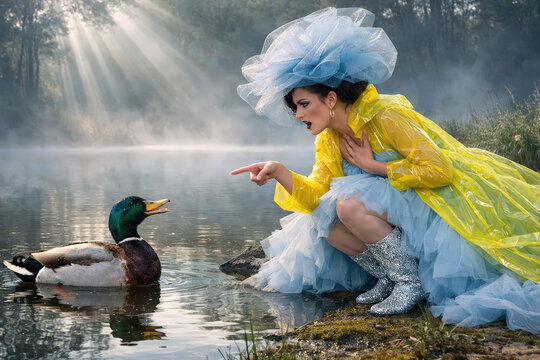 dialogue absurde : une femme &eacute;l&eacute;gante pointant du doigt un canard surpris.