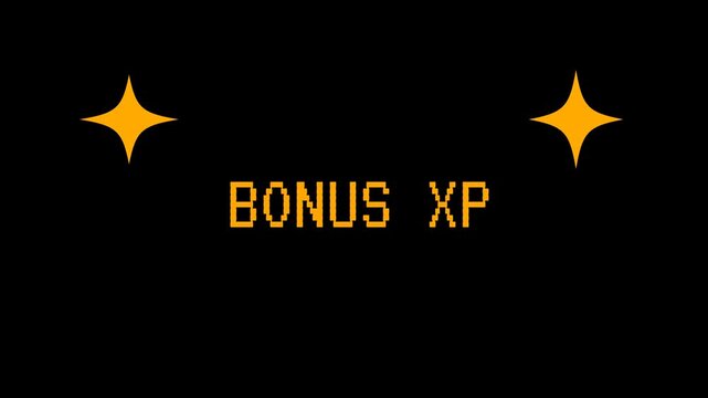 A retro video game style animation displays pixelated BONUS XP text glowing brightly with sparkling stars. 4K video animation for video game.
