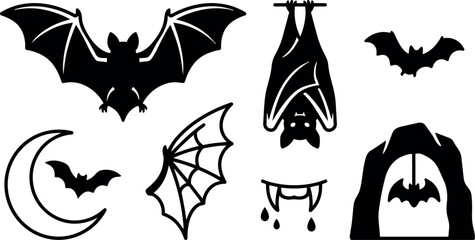 Obraz premium Black silhouette bat icons with vampire fangs wings crescent moon and cave in minimalist vector style set