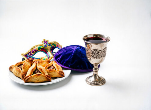 Purim celebration: cookies, mask, kipa, goblet on white