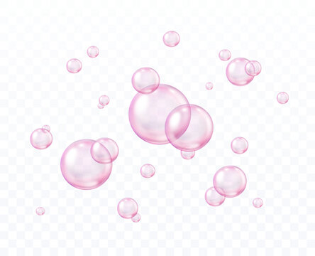 Soap bubbles underwater texture isolated on transparent background. Vector fizzy air, gas or oxygen under water. 3d pink champagne drink, soda effect template