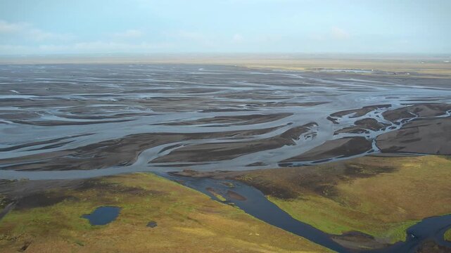 River delta with many springs in Iceland, abstract image of nature view from above