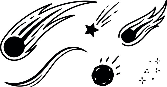 Vector art set of black meteor fireball shooting stars and shining sparkles in simple minimal style