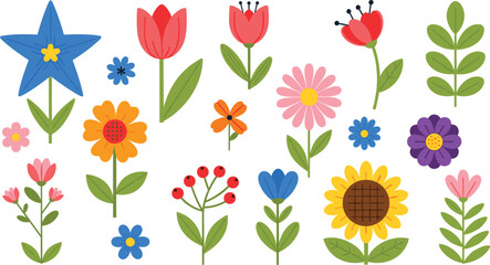 Vector Set of Simple Colorful Spring Flowers Green Leaves and Berries Isolated on White for Floral Patterns and Greeting Card Designs © sojibislam