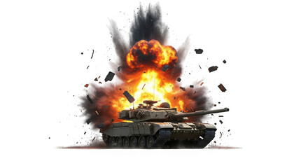 Obraz premium Exploding tank with flames and smoke isolated on transparent background