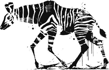 Fototapeta premium Black and white stylized painting of a zebra walking, ink splatter artistic design