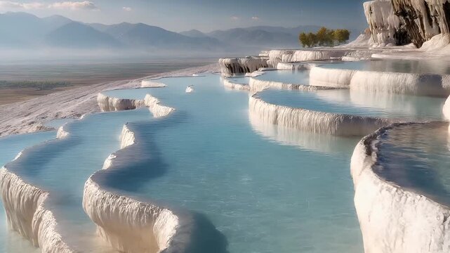 Geothermal hot springs resort, spa, bath pool, winter relaxation vacation theme. A breathtaking panoramic view of Pamukkale Travertine Terraces in Turkey.