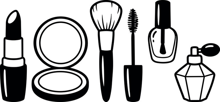 Black and white flat design vector set of makeup essentials lipstick powder brush mascara nail polish and perfume bottle