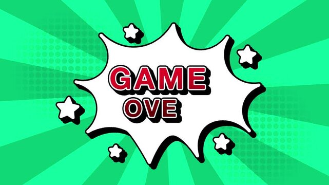 game over text word lettering popup comic cartoon reveal with bomb and smoke explosion manga anime book page dots with radial speed lines doodle teal background with seamless loop animation retro