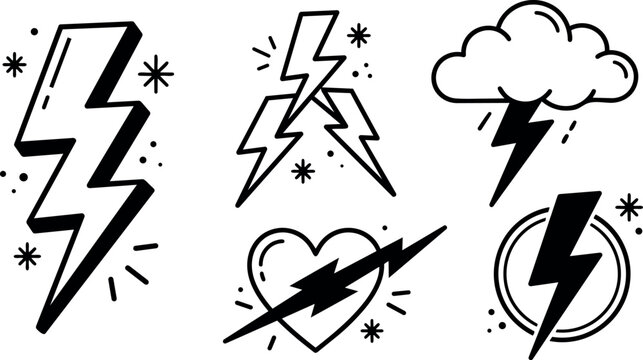 Minimalist black lightning bolt icons set with cloud heart thunder and circle design elements isolated on white background vector art